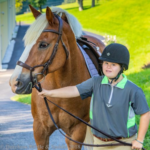 Collegiate ComFiTec training bridle in brown leather on palomino pony and girl in charles owen helmet