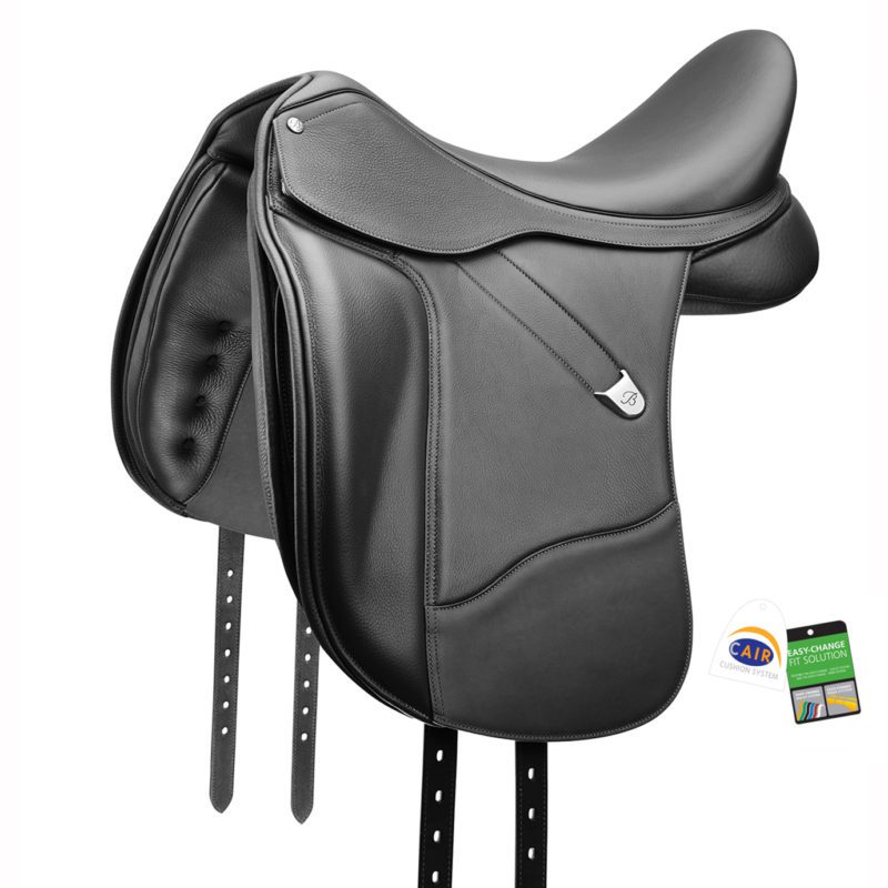 A black bates saddle with a strap.