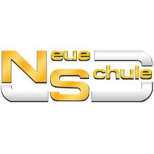 A logo of Neue Schule with yellow and white text.
