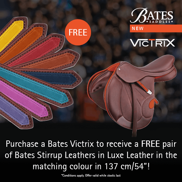 Get a FREE pair of Bates Luxe stirrup leathers in matching colors when you purchase a Bates Victrix saddle