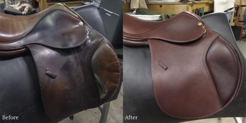 A saddle with a brown leather before and after.