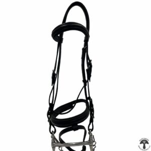 A black bridle and reins set on a white background