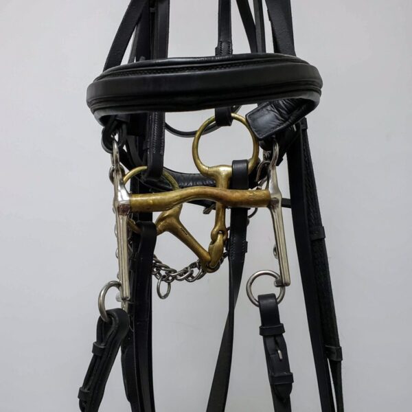 A horse 's head with several different types of bridles.