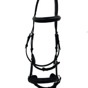 A black bridle with a bit on it