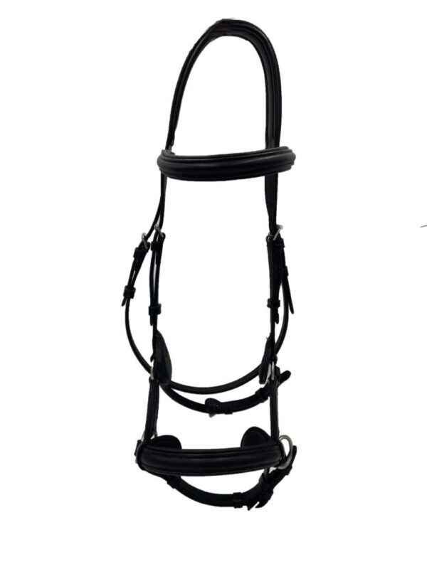 A black bridle with a bit on it