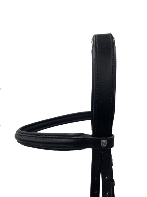 A close up of the side of a black bridle