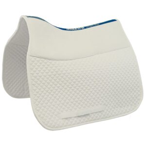 A white saddle pad with blue trim and a blue stripe.