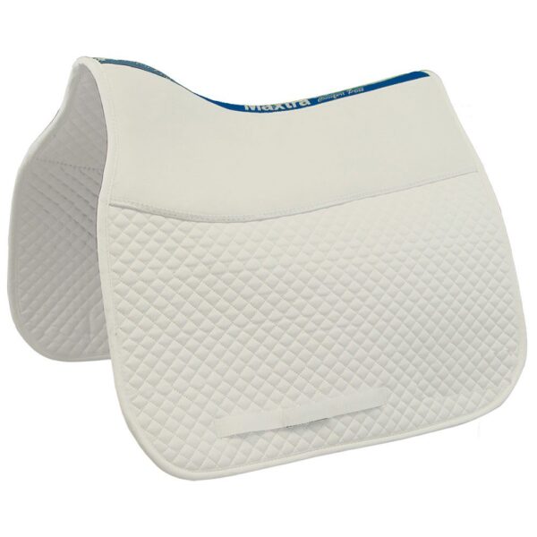 A white saddle pad with blue trim and a blue stripe.