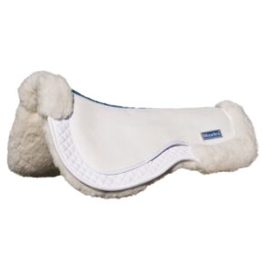 A white saddle pad with blue trim and sheepskin.