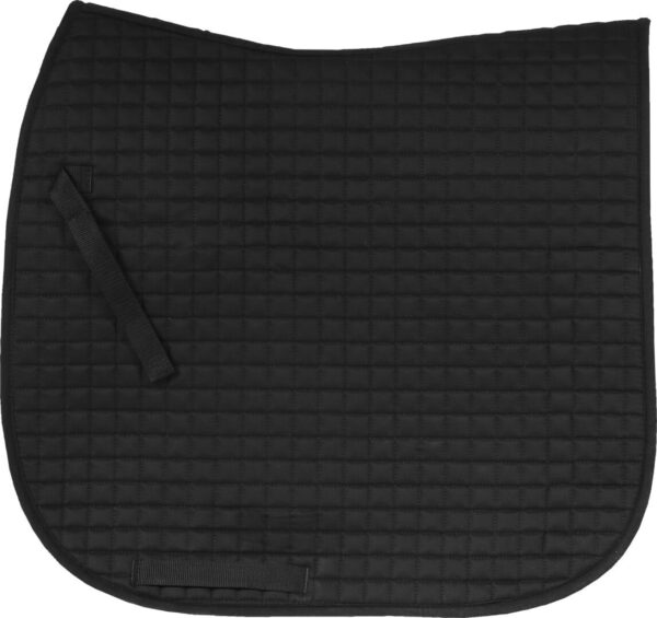 A black saddle pad with a pocket on the side.