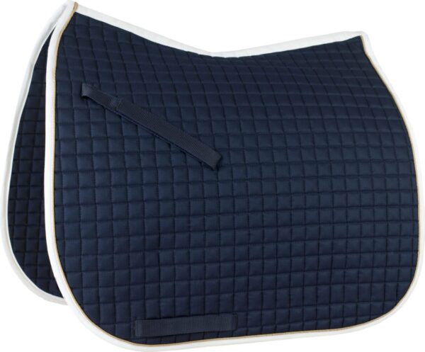 A saddle pad with white trim and black squares.