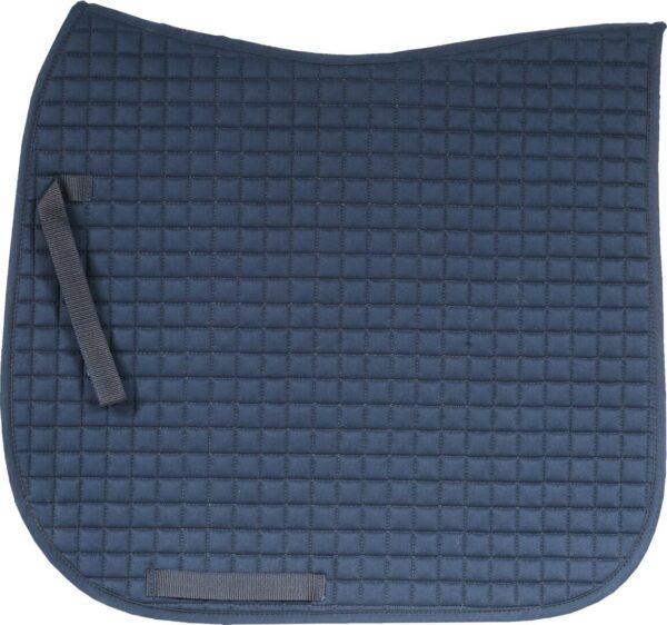 A blue saddle pad with a black strap around it.