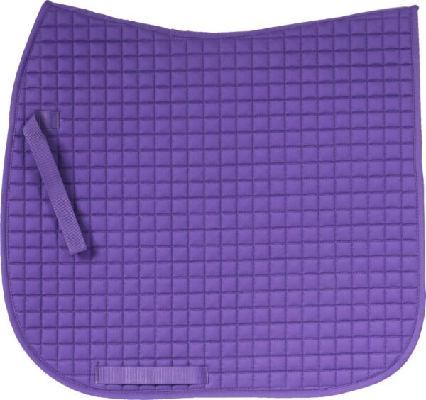 A purple saddle pad with a strap around it.