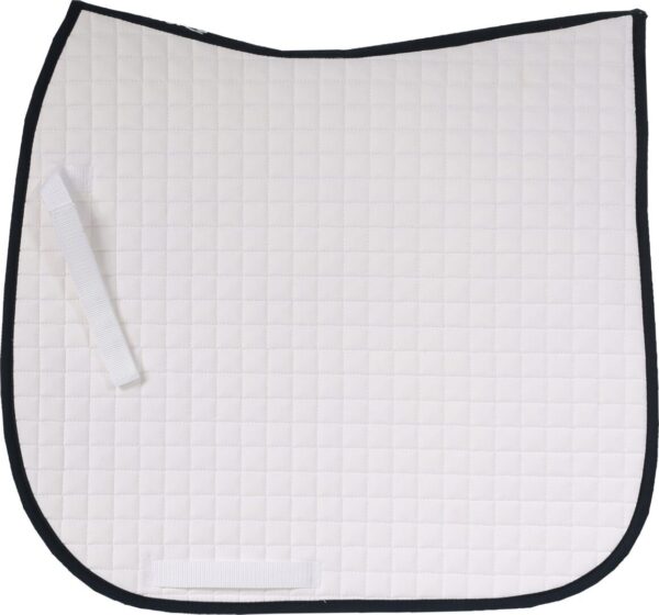 A white saddle pad with black trim and squares.