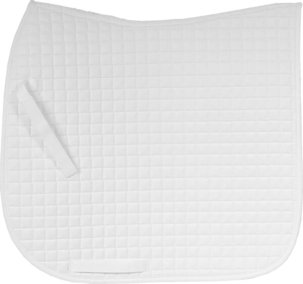 A white saddle pad with a white background.