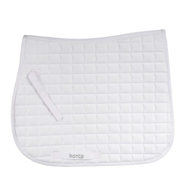 A white saddle pad with a pink stripe on it.