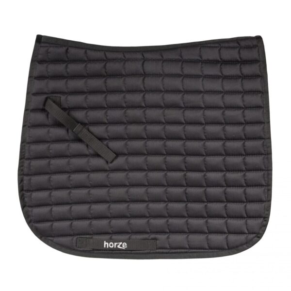 A black saddle pad with a strap around it.