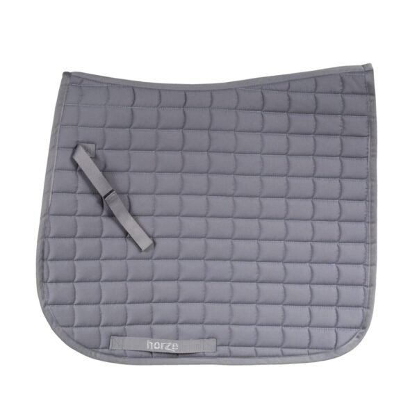 A gray saddle pad and stirrups on top of it.