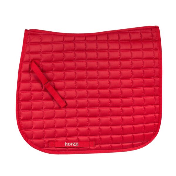 A red saddle pad with a pocket on the side.