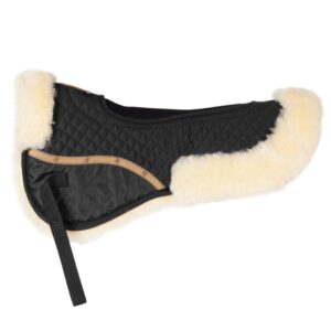 A black and white saddle pad with fur on it.