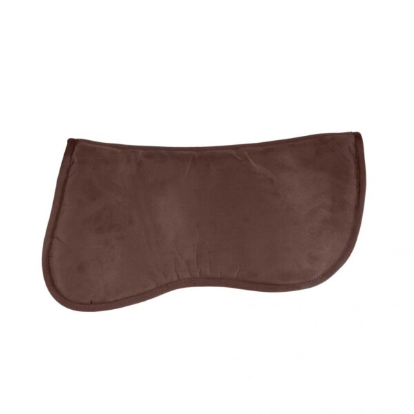 A brown saddle pad is shown on a white background.