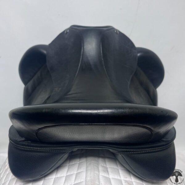 A black leather chair with a white background