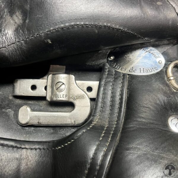 A close up of the latch on a leather bag