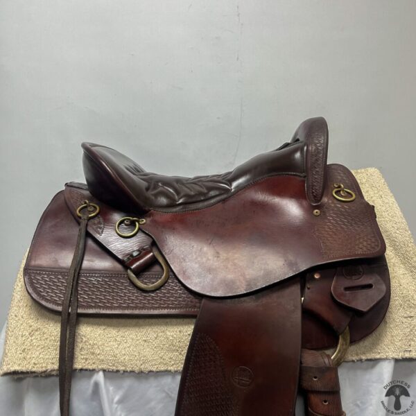 A saddle and shoe are sitting on the floor.