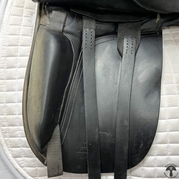 A black saddle bag on the back of a horse.