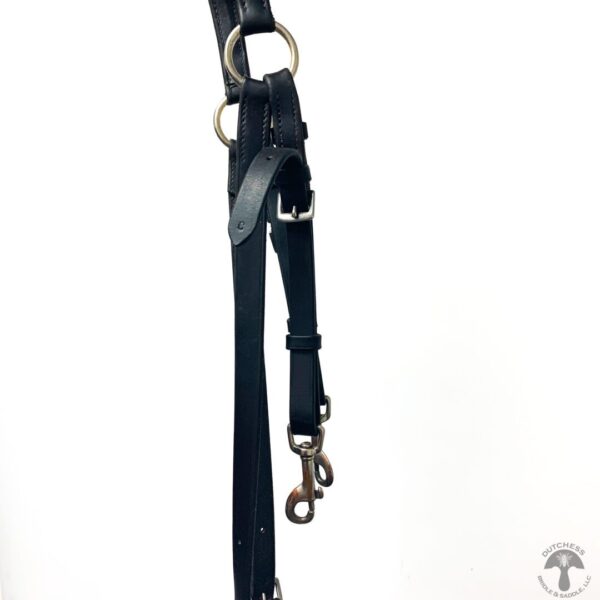 A black leather dog leash with silver hardware.