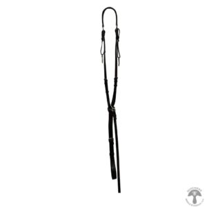 A pair of black leather whip with two metal hooks.