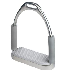 A silver stirrups with a white background