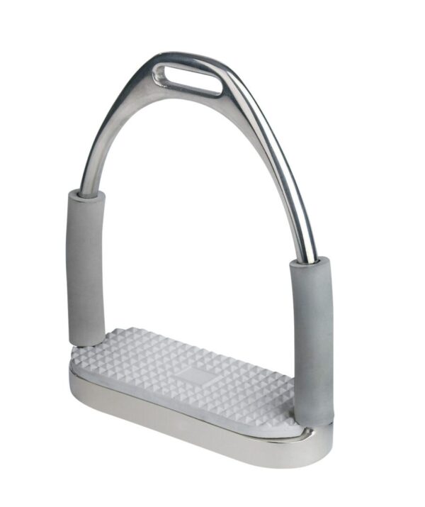 A silver stirrups with a white background