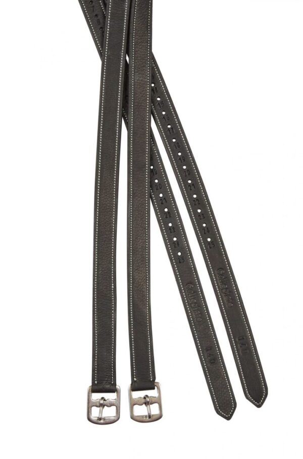 A pair of black leather straps hanging from the side.