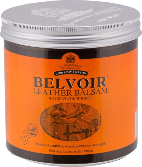 A jar of leather balsam with orange label.