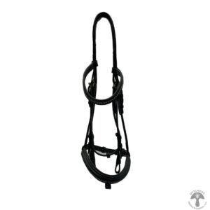 A black leather bridle with white trim.