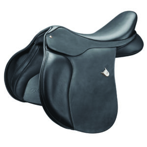 A black saddle with silver trim and a white dot on the side.