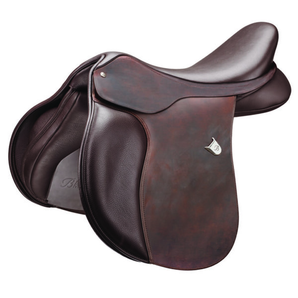 A brown saddle with white trim and silver accents.