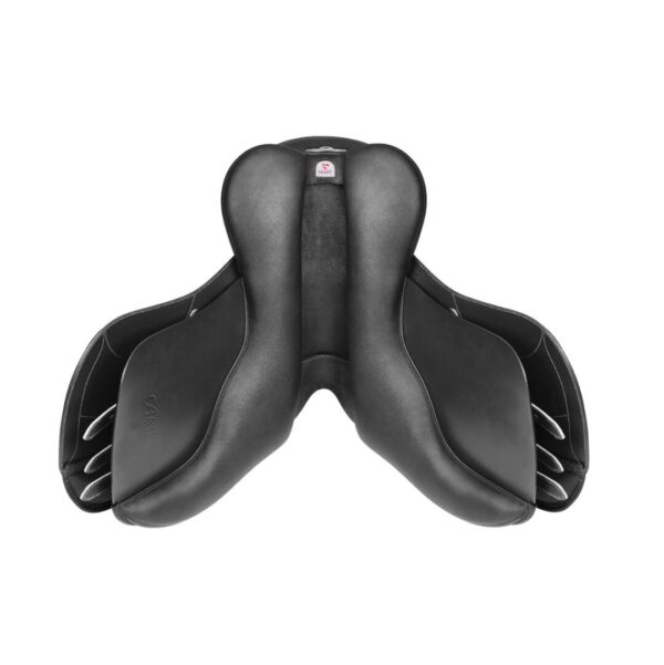 A black saddle with two straps on it.