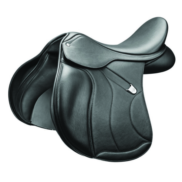 A black saddle with silver trim and white stitching.