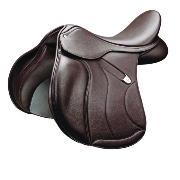 A brown saddle with silver trim and white accents.