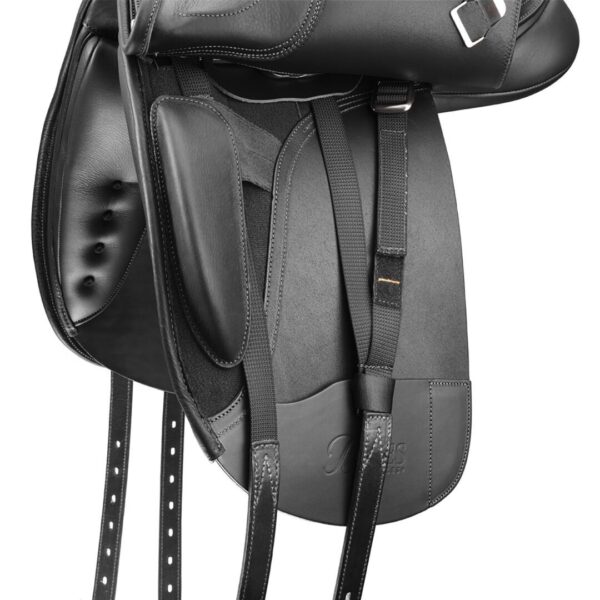 A black saddle with two straps on it