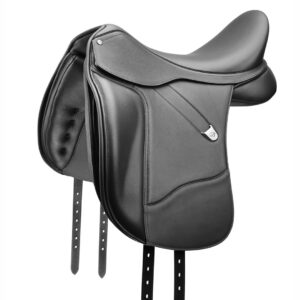 A black saddle with metal bars on the side of it.