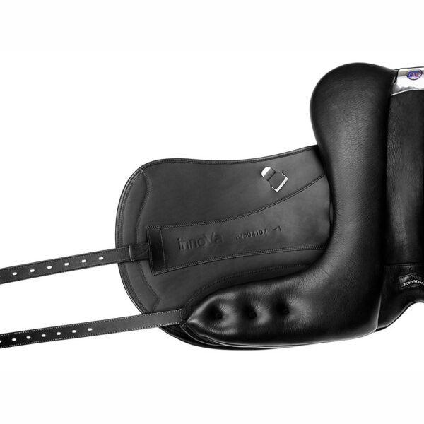 A black saddle with two metal straps on it.