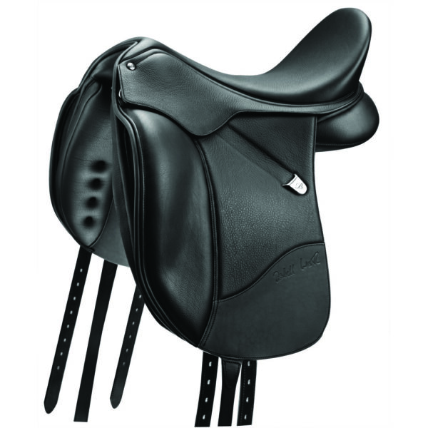 A black saddle with three metal bars on the side of it.