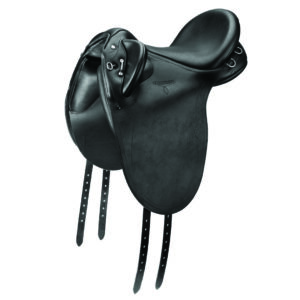 A black saddle with two metal hooks on the side.