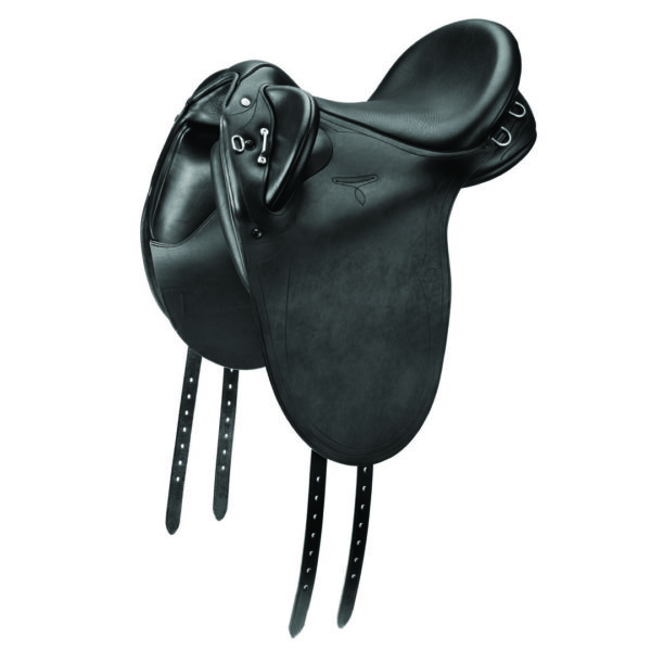 A black saddle with two metal hooks on the side.