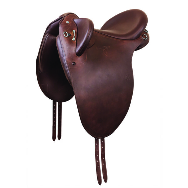 A saddle that is sitting on top of a white table.