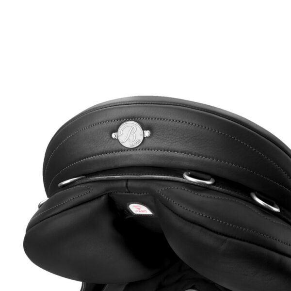 A close up of the back end of a black saddle bag.