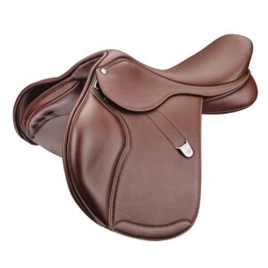 A brown saddle with silver accents on it.